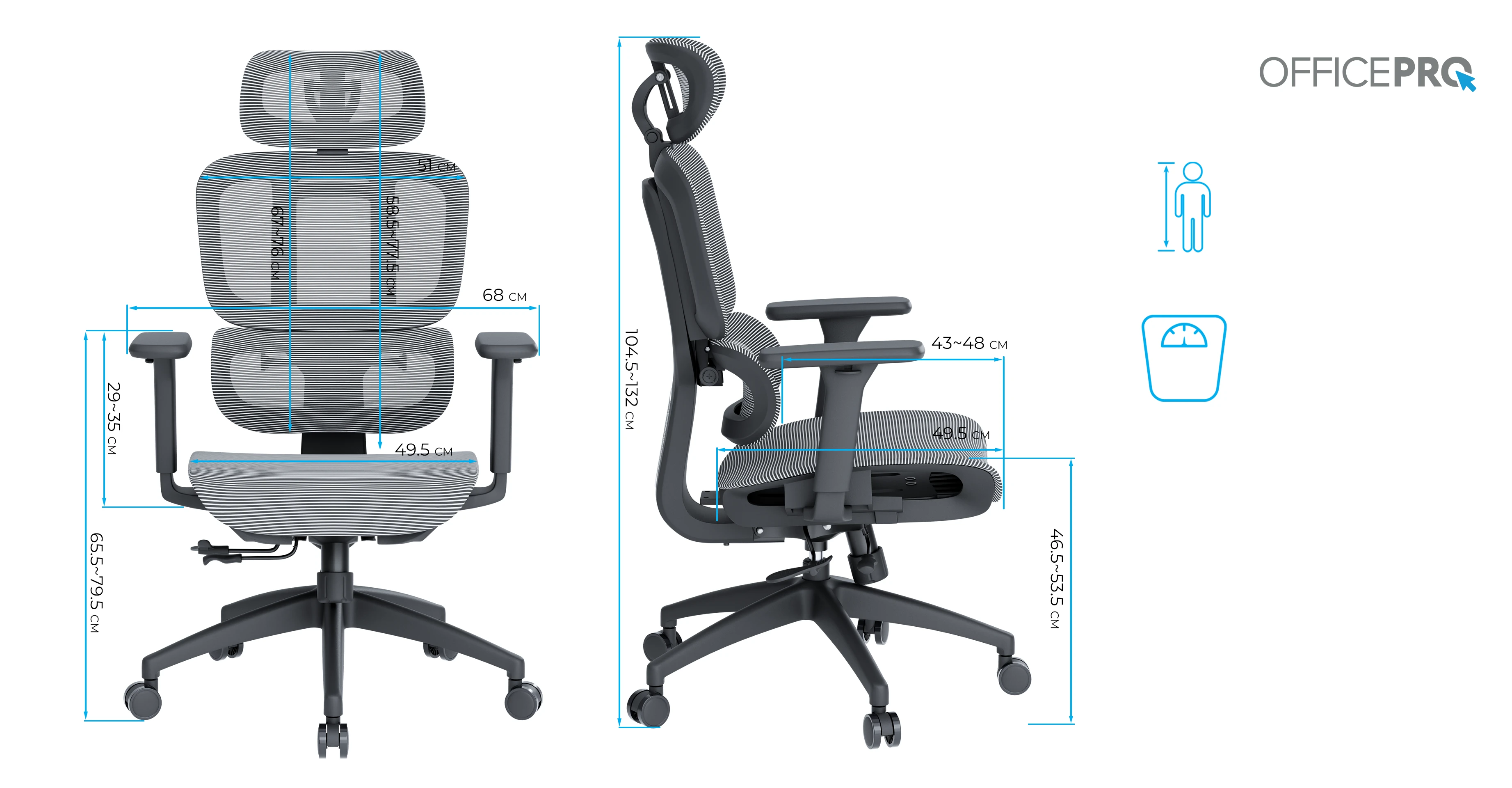 Размеры кресла OfficePro OC680: максимальный рост 200 см, вес до 120 кг