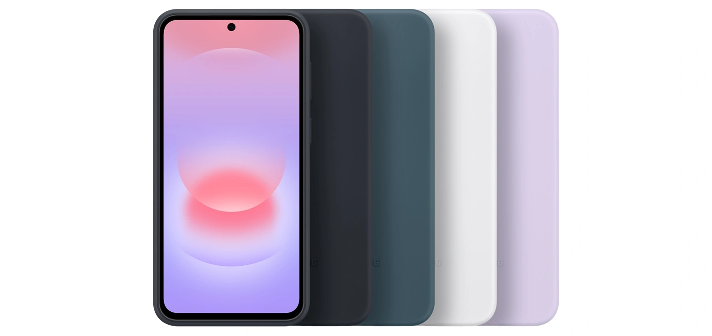 Слева находится устройство Samsung Galaxy A37 5G экраном вперёд, а рядом расположены четыре устройства Samsung Galaxy A37 5G, каждое из которых немного перекрывает соседнее слева. Цвета слева направо: Чёрный, Тёмно-зелёный, Светло-серый и Светло-фиолетовый.