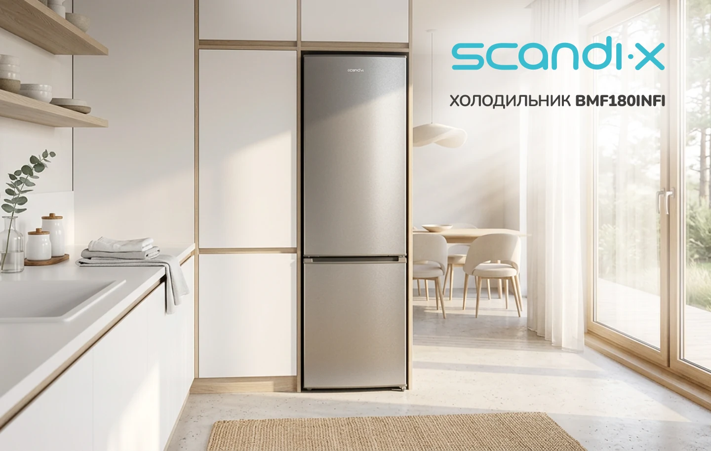 Холодильник Scandix BMF180INFI кольору нержавіючої сталі на сучасній кухні