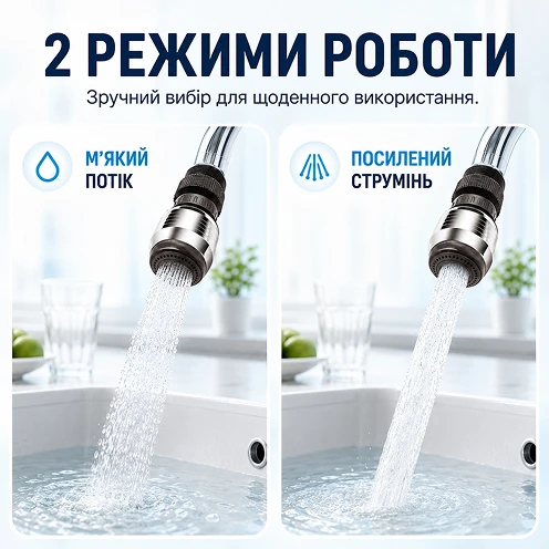 Два режима работы - мягкое распыление и усиленная струя