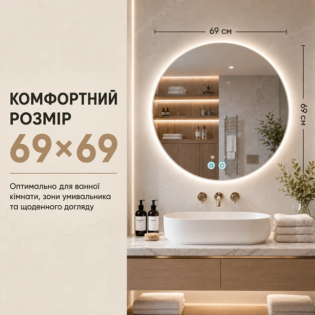 Кругле дзеркало діаметром 69 см з оптимальним розміром для ванної