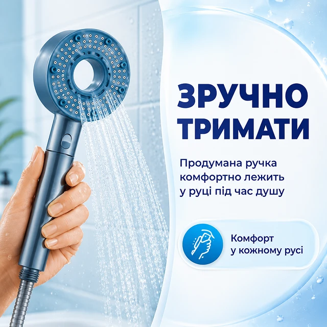 Удобное удержание эргономичной ручки лейки в руке во время душа