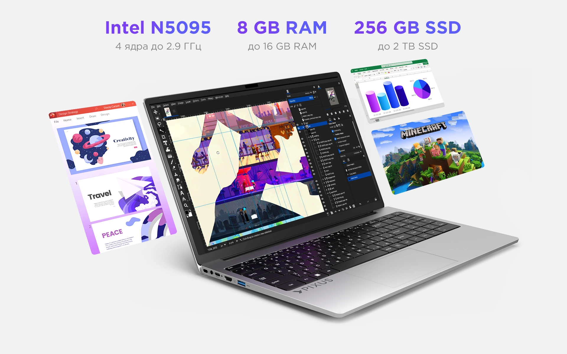 Процессор Intel N5095, оперативная память и SSD-накопитель Pixus BIT (2026)