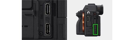 На левой части изображения показаны два порта USB Type-C этой модели, а на правой – левая сторона камеры, где видны все порты