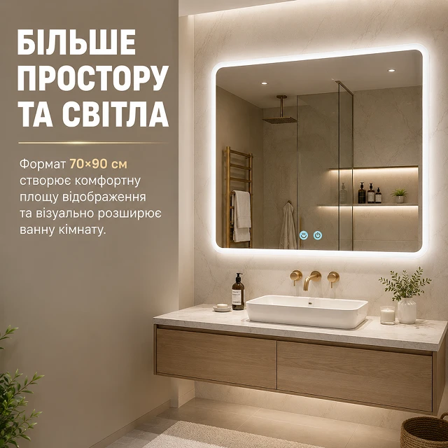 Горизонтальне розміщення дзеркала розміром 70 на 90 см над широкою тумбою