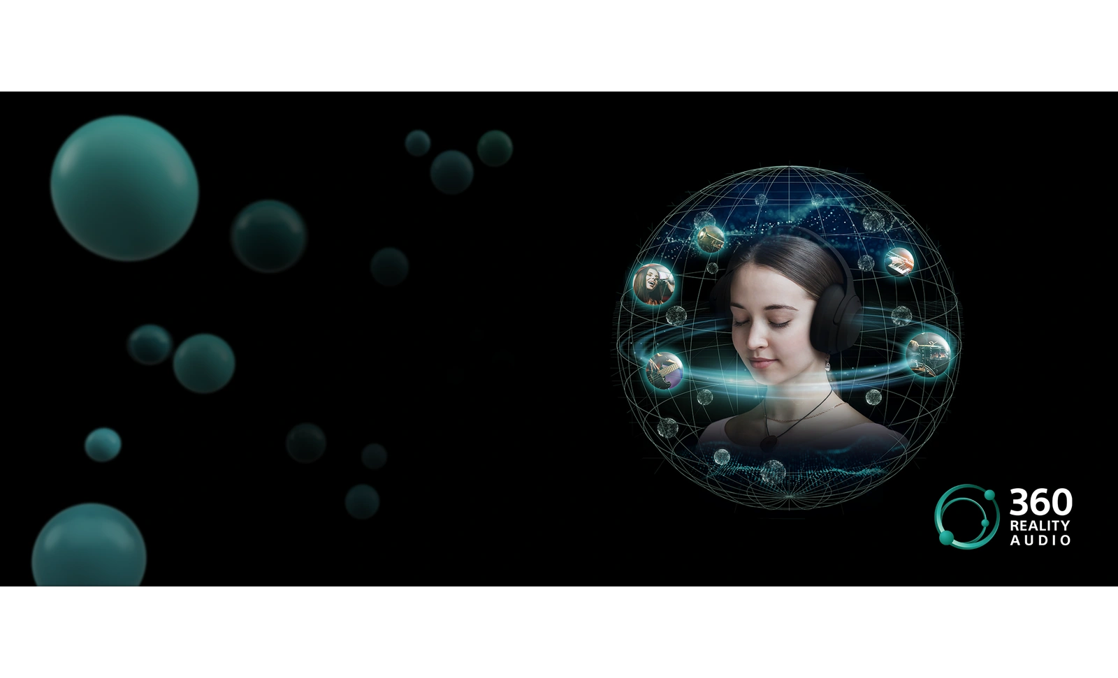 Жінка в навушниках усередині сфери звуку 360 Reality Audio