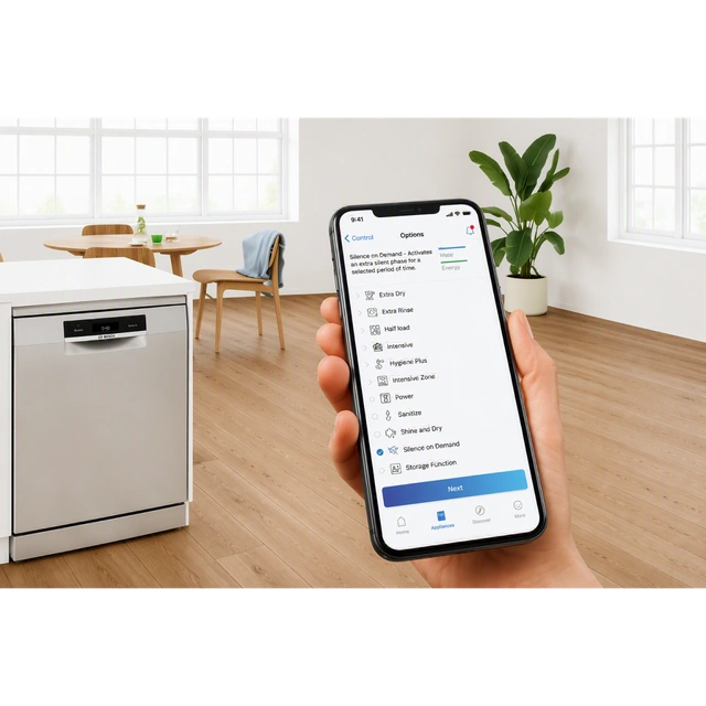 Смартфон с меню опций Home Connect возле посудомоечной машины на кухне