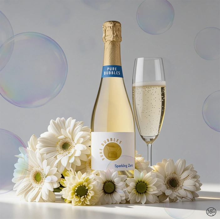 Пляшка Pure Bubbles Sparkling Zero з келихом і білими хризантемами