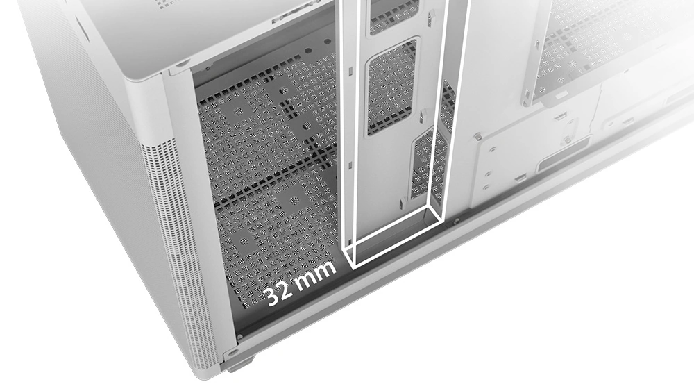 Крупный план пространства для кабелей шириной 32 мм в корпусе ASUS Prime AP201