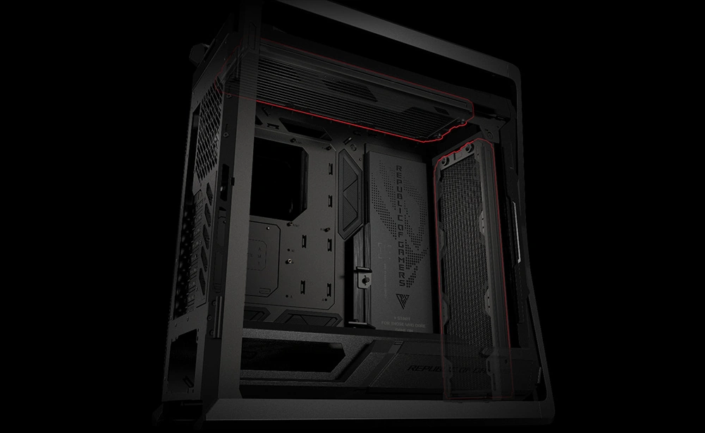 ROG Hyperion GR701 под углом с подчёркнутыми радиаторами и вентиляторами