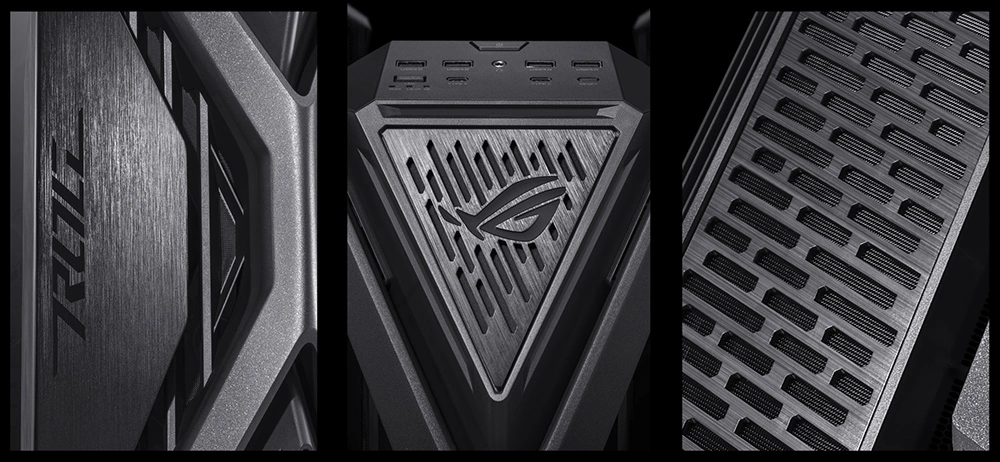 Передній ракурс на ROG Hyperion GR701 BTF Edition з акцентами на металевих елементах та алюмінієвій рамці