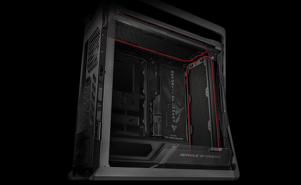 ROG Hyperion GR701 BTF Edition під кутом з підкресленими радіаторами й вентиляторами