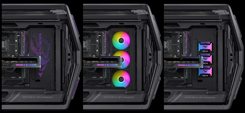 Внутрішня вертикальна монтажна зона ROG Hyperion GR701 BTF Edition для вентиляторів, накопичувачів або радіатора