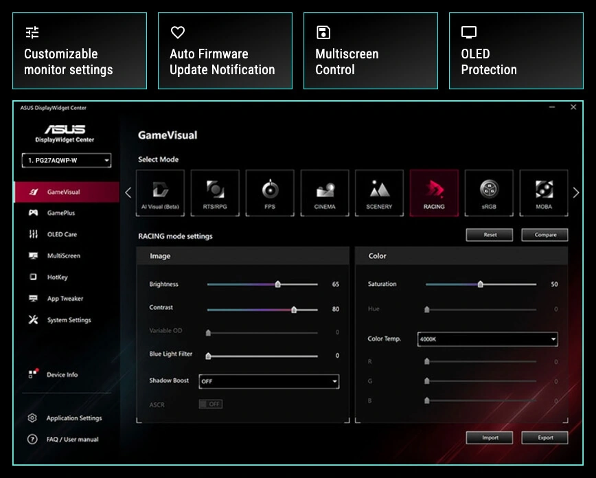 Інтерфейс ASUS DisplayWidget Center із системними налаштуваннями та функціями OLED-дисплея