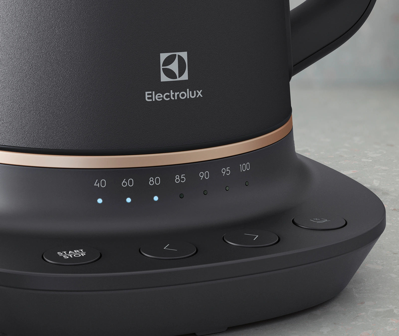 Панель управления чайника Electrolux Explore 7 с отметками температуры 40, 60, 80, 85, 90, 95 и 100 градусов