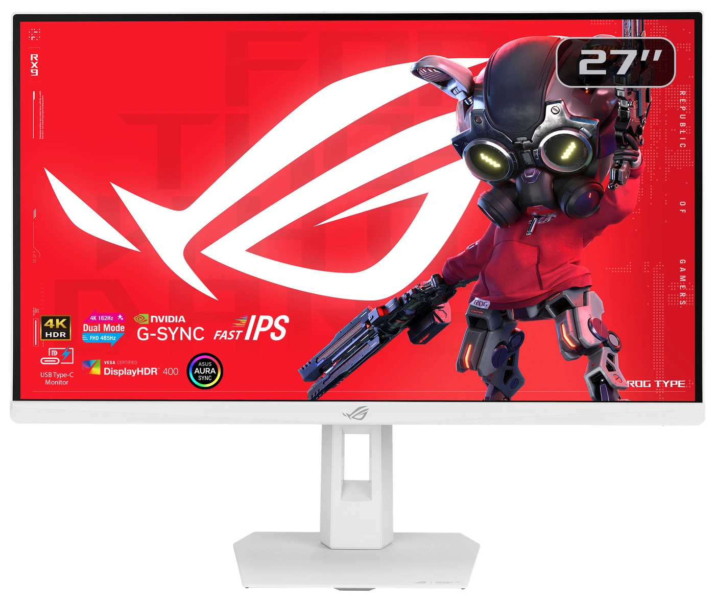 Игровой монитор ASUS ROG Strix XG27UCGR Gen2 в белом корпусе с логотипом ROG на экране