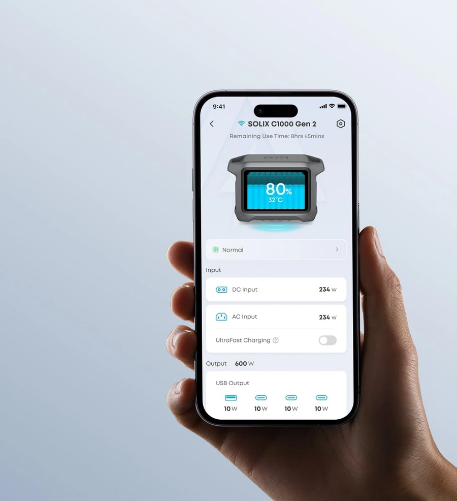 Управление зарядной станцией Anker SOLIX C1000 Gen 2 в приложении на смартфоне