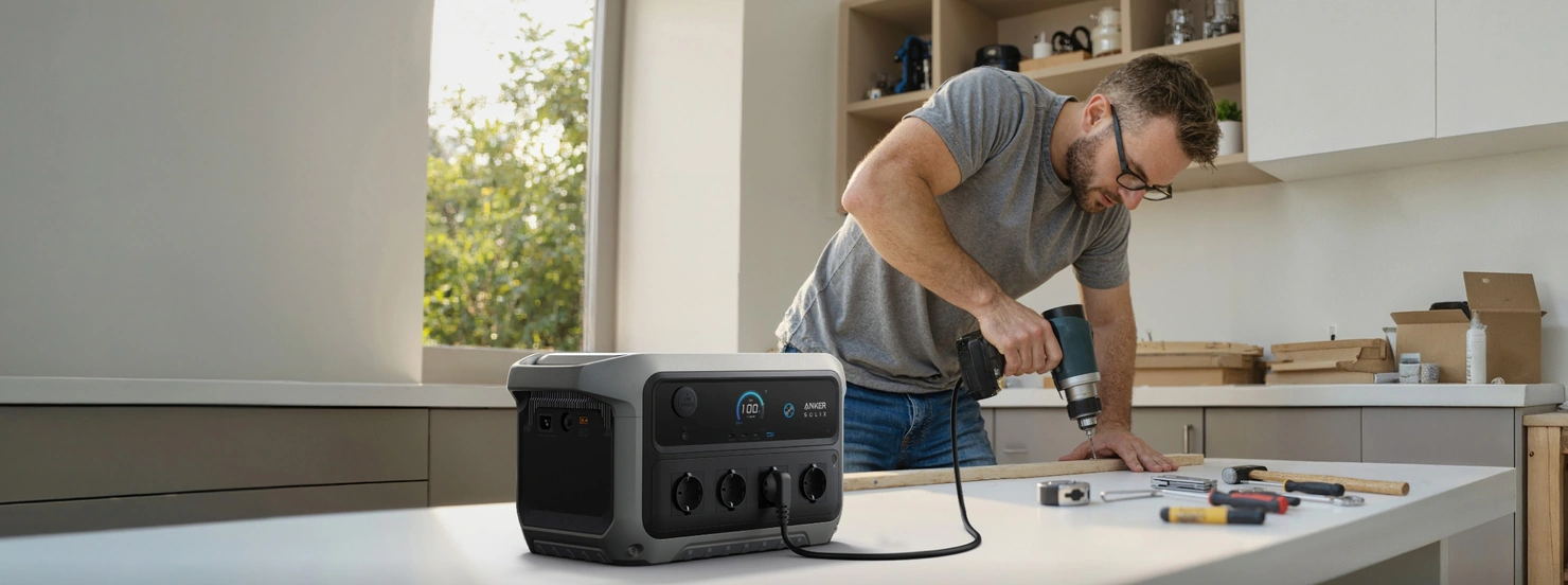 Электроинструмент работает от станции Anker SOLIX C2000 Gen 2 в мастерской