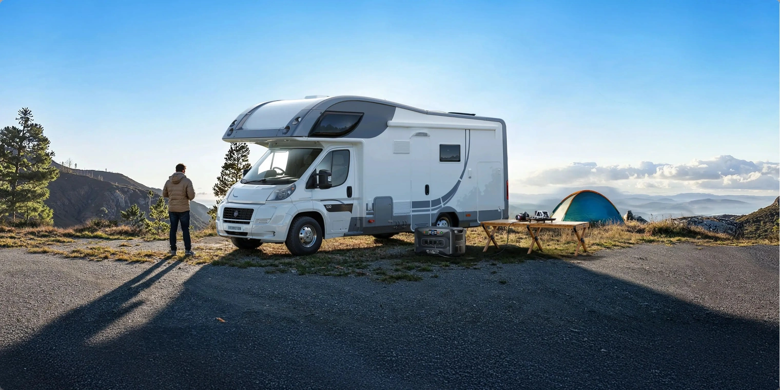 Зарядная станция BLUETTI Apex 300 возле автодома в горах