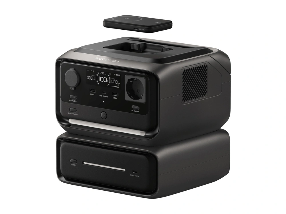 EcoFlow RIVER 3 Max Plus в собранном виде с батареей и павербанком