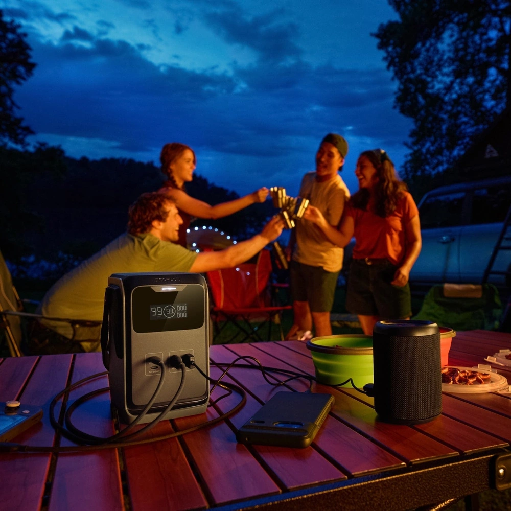 Компания отдыхает вечером с питанием от станции EcoFlow TRAIL 300 DC