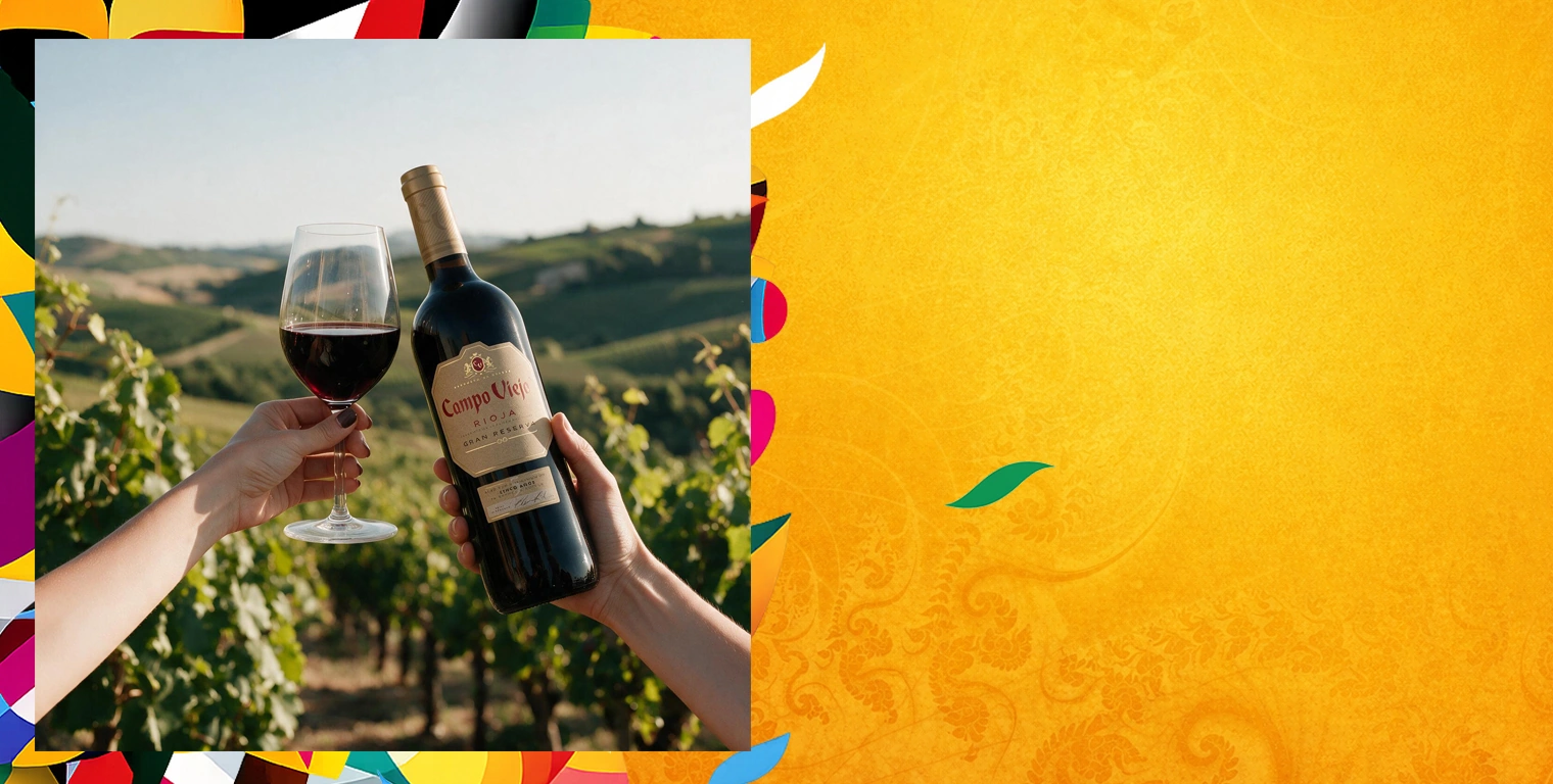 Бокал и бутылка Campo Viejo Rioja Gran Reserva на фоне виноградников