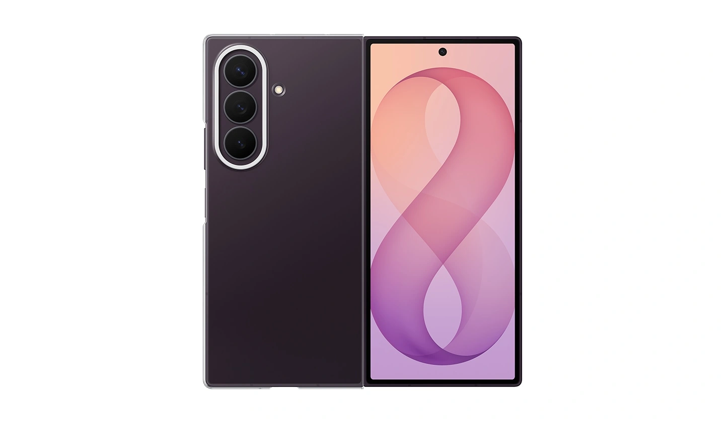 Вигляд ззаду розкладеного Galaxy Fold8 Ultra кольору графіт в прозорому чохлі.