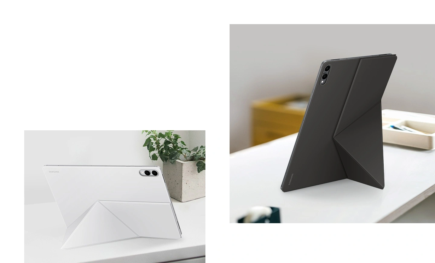 Galaxy Tab S11 Ultra в белом чехле-книжке стоит горизонтально – подставка сзади сложена в треугольник. Рядом Tab S11 Ultra в чёрном чехле-книжке установлен вертикально, демонстрируя удобный просмотр без помощи рук и в горизонтальном, и в вертикальном положении.