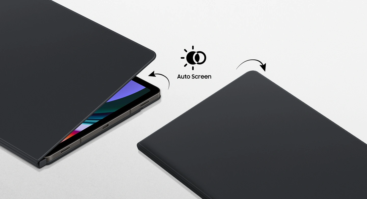 Два устройства Galaxy Tab S9 в обложках Smart Book Cover лежат горизонтально. Обложка на одном устройстве немного открыта. Другое устройство выключено с опущенной крышкой.