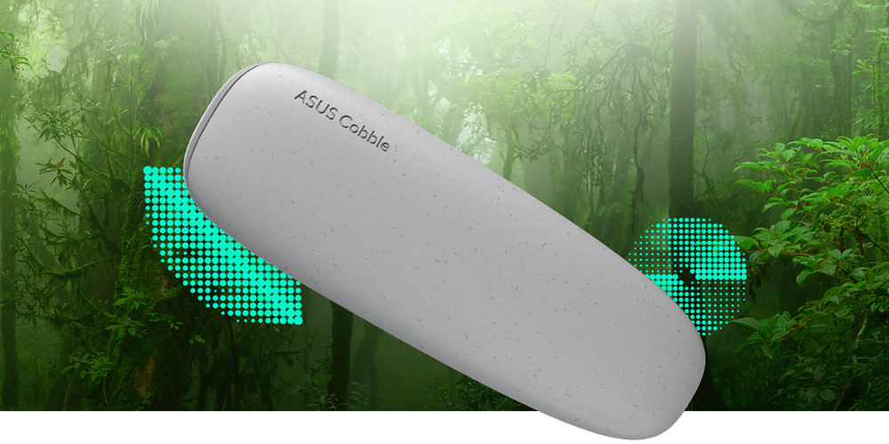 ASUS Cobble на тлі зеленого лісу з іконками екологічних ініціатив