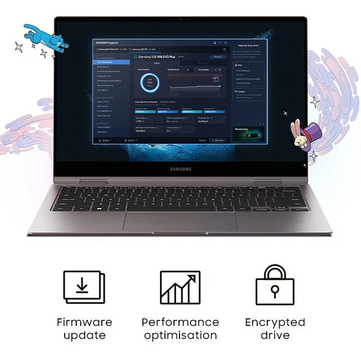 Программа Samsung Magician на экране компьютера и три её основные функции