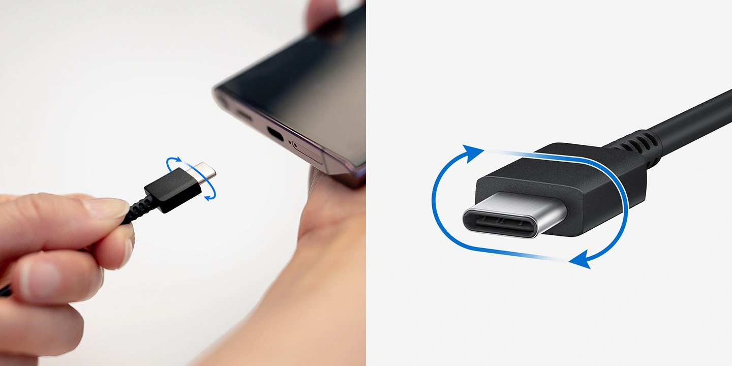 Рука держит смартфон Galaxy, вторая рука — кабель USB Type-C