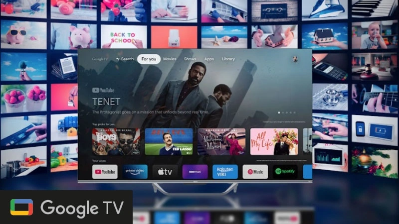 Інтерфейс Google TV з фільмами, серіалами та застосунками на екрані телевізора Haier