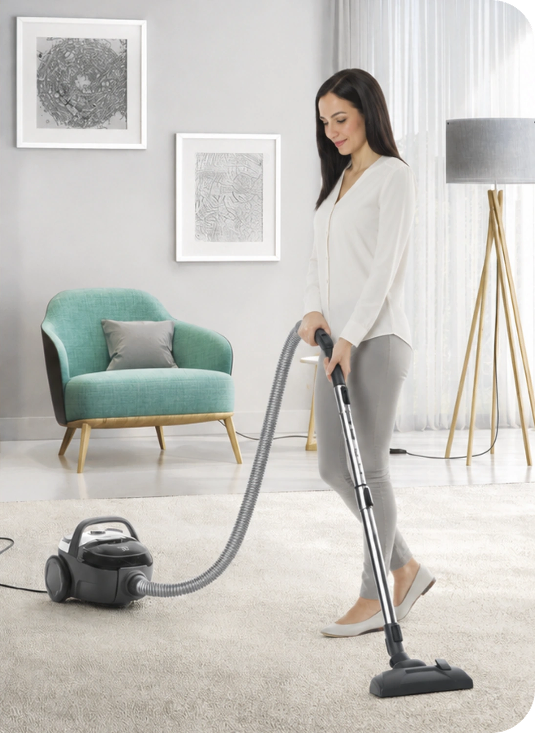 Жінка пилососить килим у світлій кімнаті пилососом Electrolux