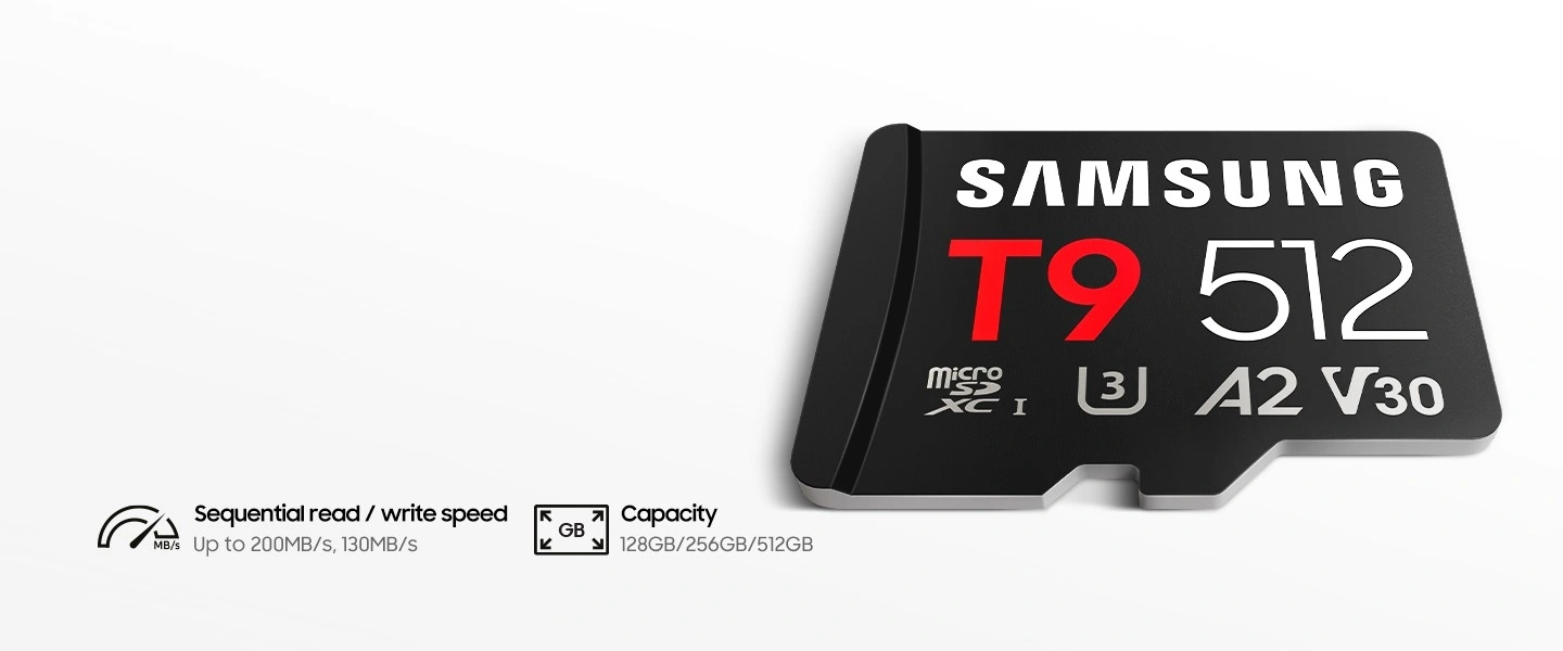 Карта памяти Samsung T9 microSD на светлом фоне с обозначениями скорости чтения и записи и объёмов