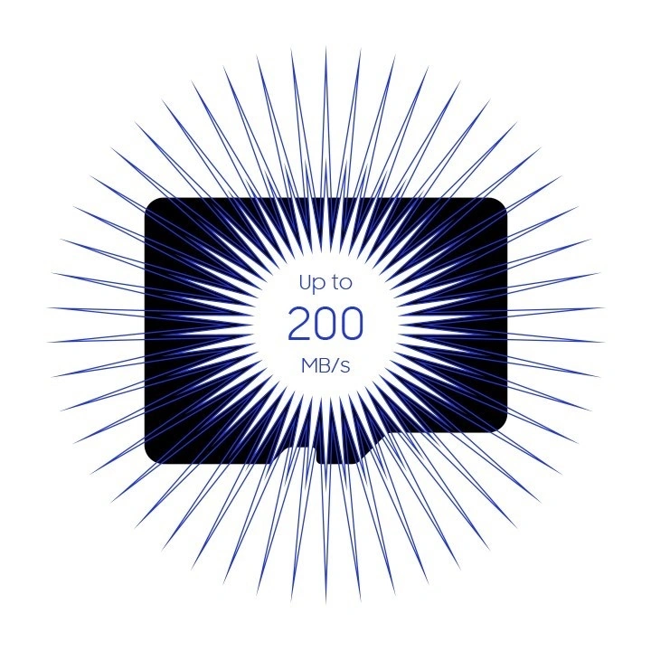 Надпись «До 200&nbsp;МБ/с» в круге с лучами, вращающемся по часовой стрелке