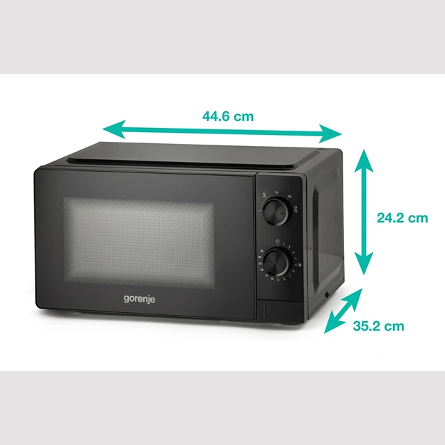 Габариты чёрной микроволновой печи Gorenje: 44,6 × 24,2 × 35,2 см