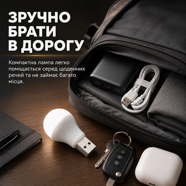 Компактную USB-лампу удобно брать с собой в дорогу рядом с ключами и наушниками