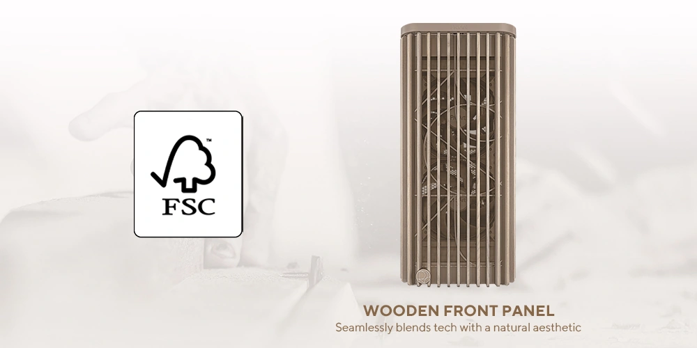 Крупний план текстури дерев'яної передньої панелі ProArt PA401 Wood Edition Beige
