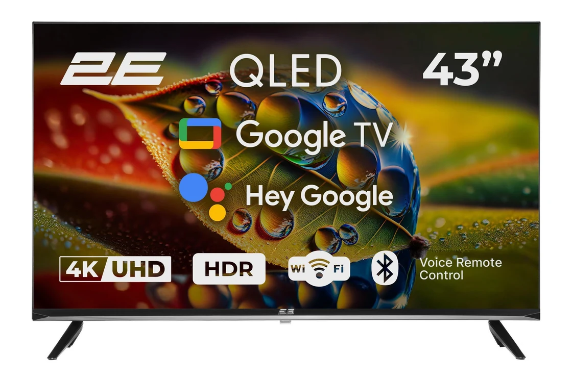 Телевизор 2E 43A77Q с изображением на экране и отметками Google TV, Hey Google, HDR и Wi-Fi