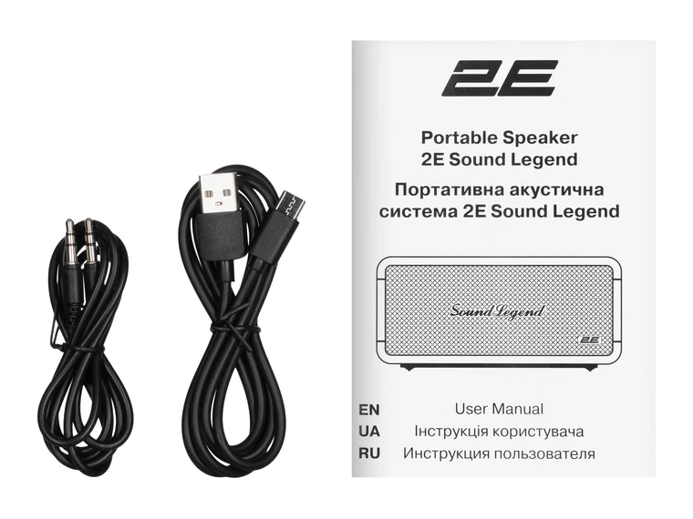 Комплектация 2E SoundLegend Mini: кабель USB-C, аудиокабель 3,5 мм и инструкция