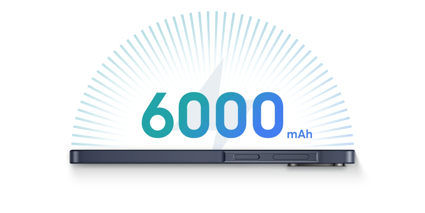 Зображено Galaxy A08. Над пристроєм написано 6 000 мА·год – це забезпечує продуктивність і розваги.