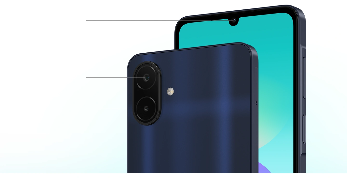 Два телефони Galaxy A08. Один зображено ззаду, демонструючи ширококутну камеру 50 МП та камеру глибини 2 МП. Інший – зображено спереду, демонструючи фронтальну камеру 8 МП.