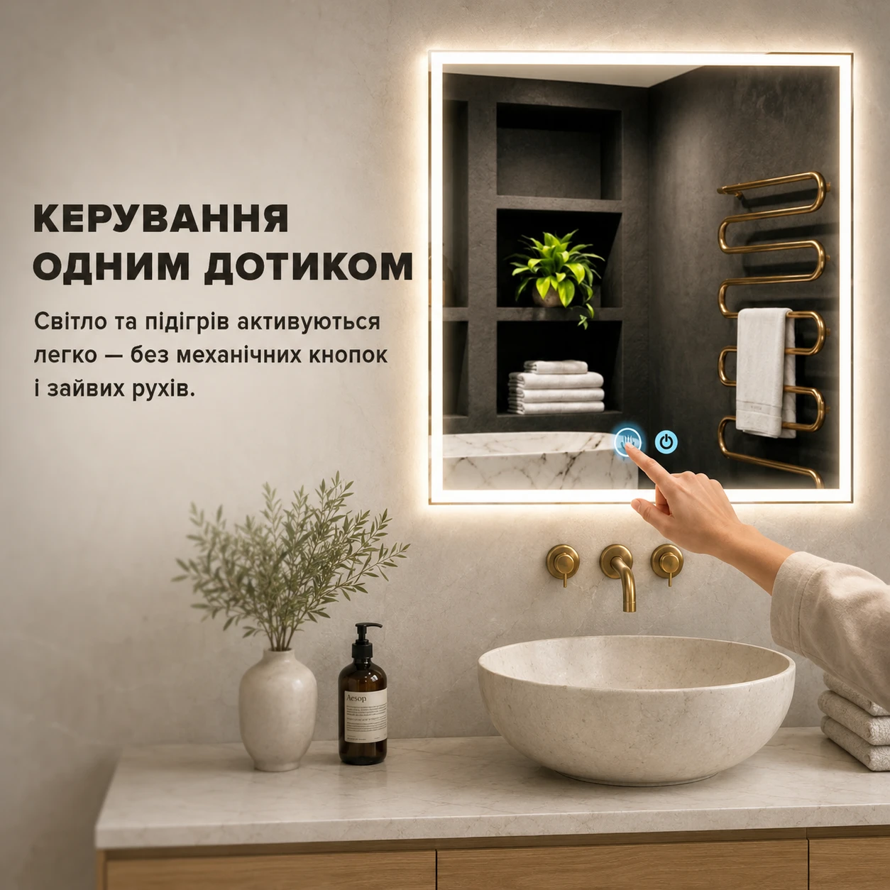 Сенсорные кнопки на зеркале для легкого управления подсветкой и подогревом