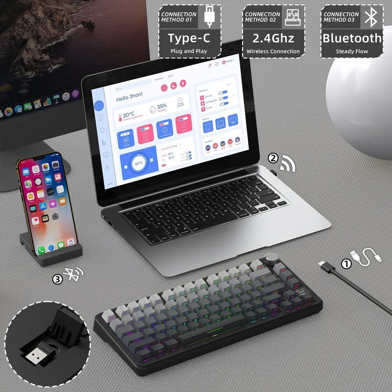 Три способа подключения клавиатуры X85 PRO: Type-C, 2,4 ГГц и Bluetooth
