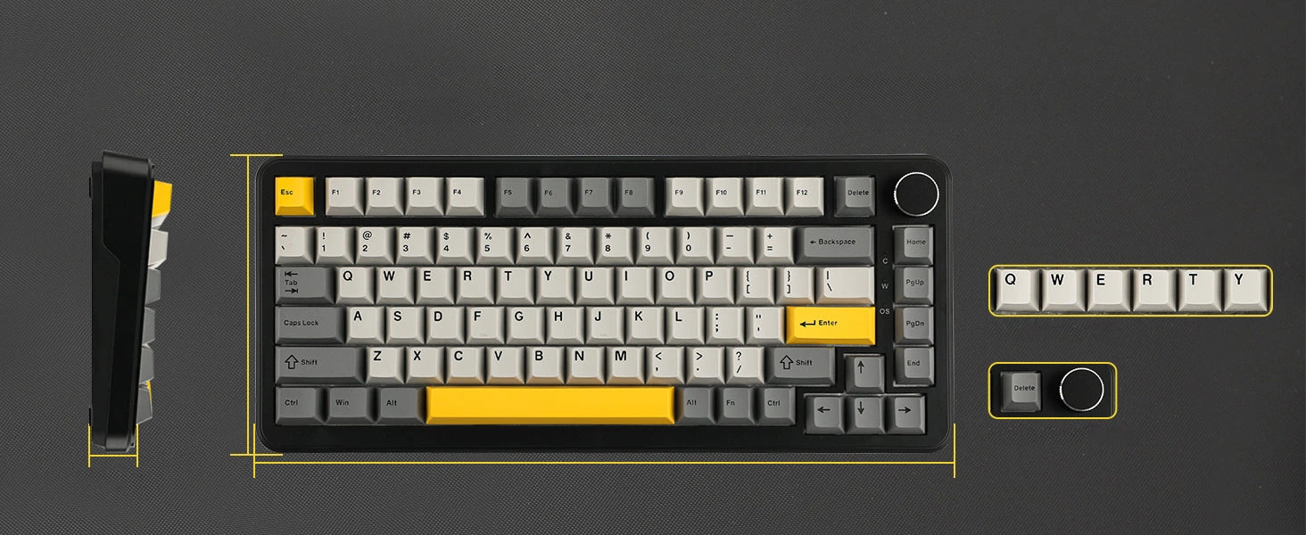 Размеры клавиатуры AJAZZ AK820 MAX HE: вид сбоку и сверху, компоновка ANSI, 82 клавиши и регулятор