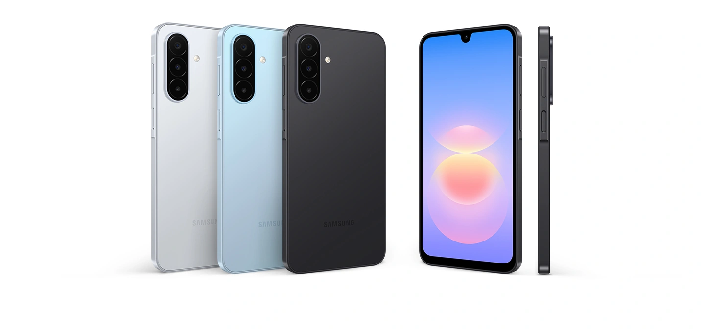 Galaxy A18 показан в чёрном, серебристом и голубом цветах с разных ракурсов, что подчёркивает его стильный и тонкий дизайн.