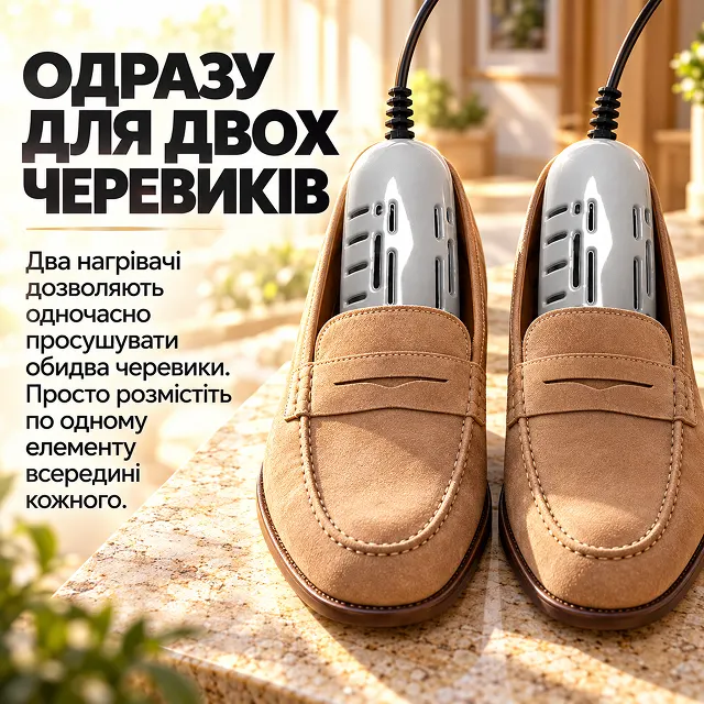 Одночасне сушіння обох черевиків за допомогою двох нагрівачів Shine White