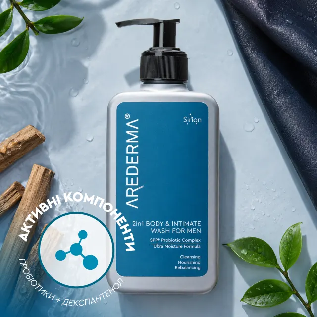 Флакон геля AREDERMA Desert Rebel с дозатором на фоне мыльной пены и пометкой активные компоненты