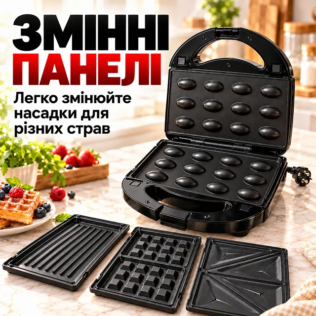 Чотири змінні антипригарні панелі для випікання вафель, сендвічів, горішків та гриля